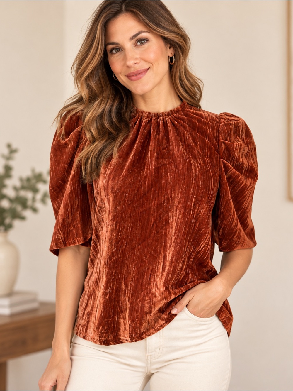 Leyden Rust Velvet Puff Sleeve Blouse